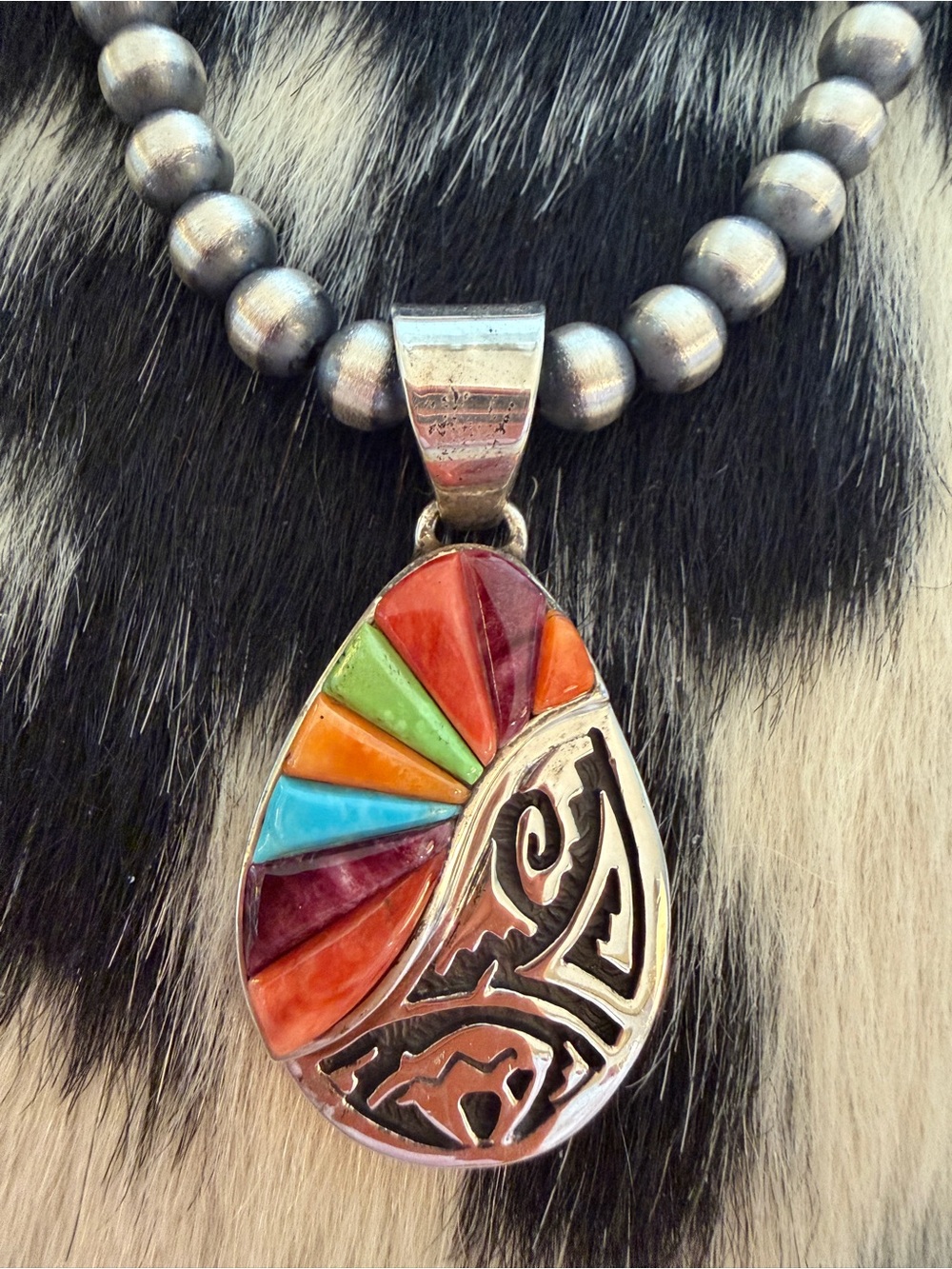 ❤️ Navajo Signed Calvin Begay Spirit Bear Sunrise MultiStone Inlay 925 Pendant - Picture 5 of 14